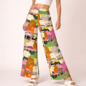 The Fold London Wide-Leg Multicolor Abstract Print Silk Pants Women ‘s US Size 4